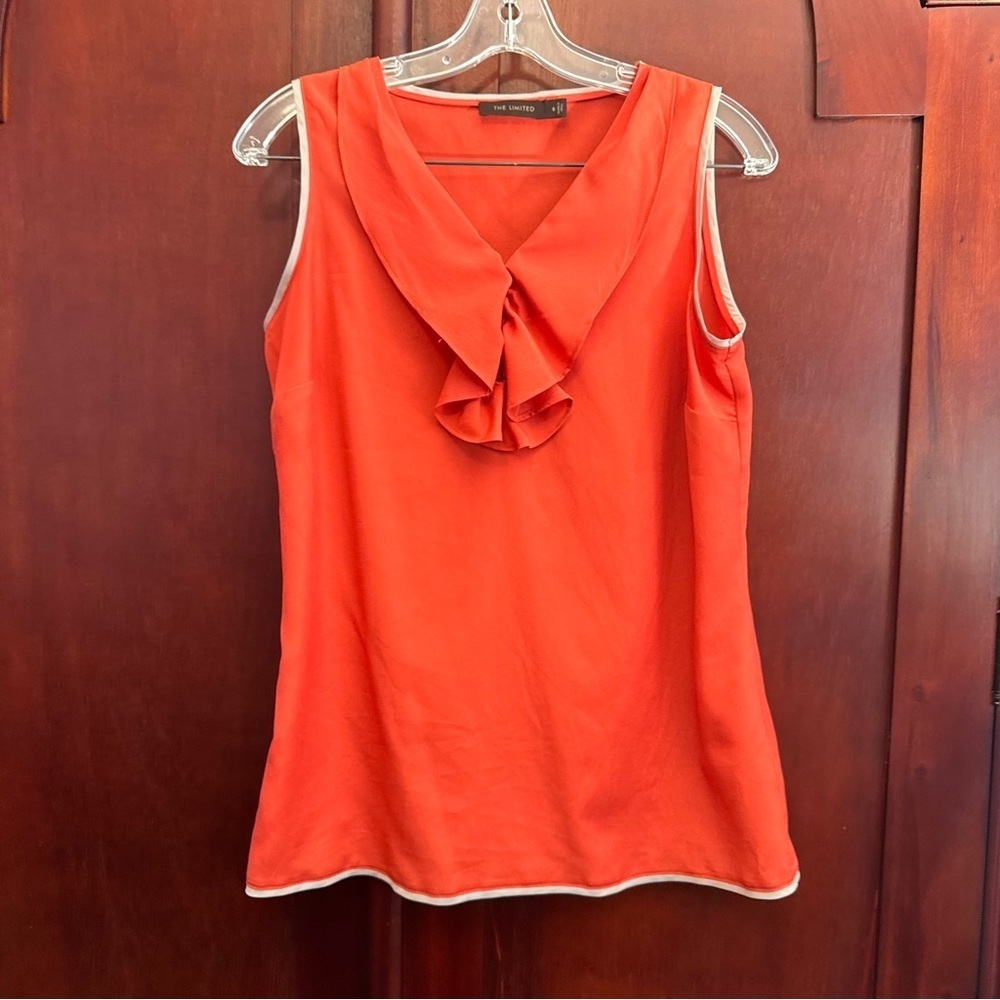 The Limited coral/orange sleeveless blouse cascading ruffle V-neck white trim Sm